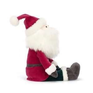 A jellcat jolly santa cuddly toy with a red velvet coat and hat and green velvet trousers