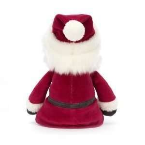 A jellcat jolly santa cuddly toy with a red velvet coat and hat and green velvet trousers
