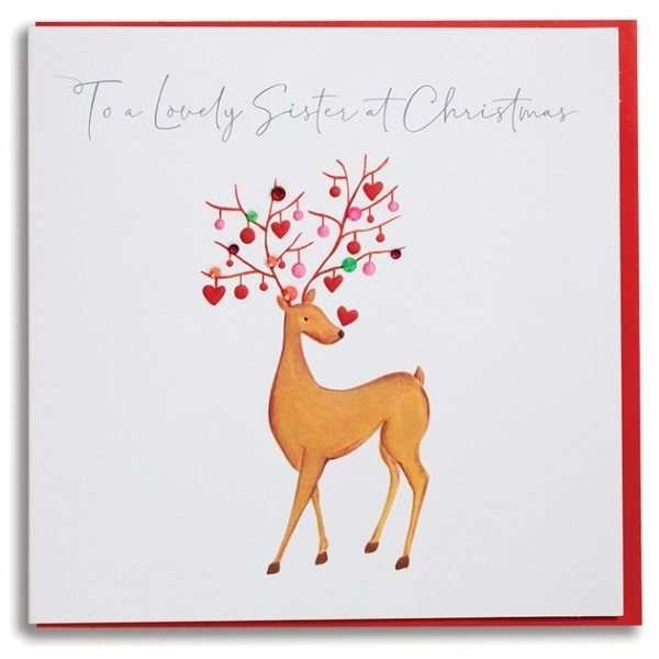 a christmas card with a cute reindeer to a lovely sister at christmas
