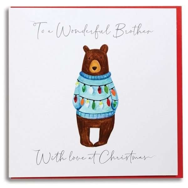 A christmas card with a gorgeous little bear in christmas lights to a wonderful Brother with love at Christmas