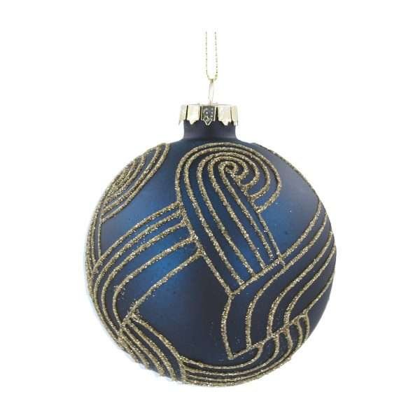 A matt blue Christmas bauble decorated with gold glitter