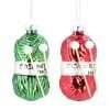 a novelty Christmas bauble in the shape of a ball of wool with knitting needles in either red or green
