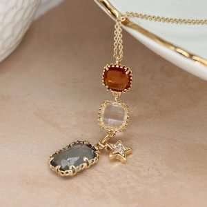 Fine golden chain necklace with smoky grey, bronze and clear square glass crystals in faux gold claw settings. Each crystal is linked together and a little faux gold plated crystal inset star charm