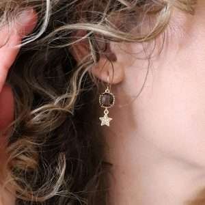 Faux gold plated drop earrings with smoky bronze coloured square crystals in golden claw settings and little star drops inset with clear crystals.