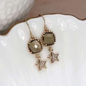 Faux gold plated drop earrings with smoky bronze coloured square crystals in golden claw settings and little star drops inset with clear crystals.