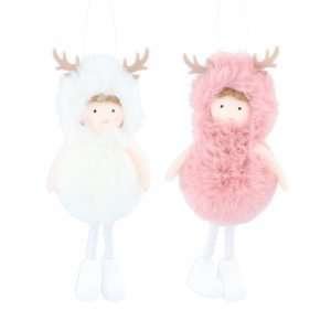 Little girl Christmas decoration. A little girl in a fluffy hooded coat with felt antlers in either white or pink