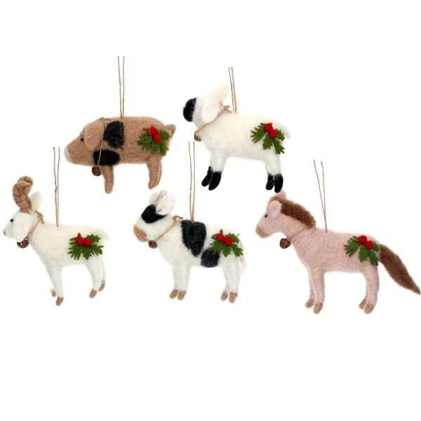 Felt hanging decorations with a sprig of holly. A choice of an old spot pig, a sheep, a goat, a cow or a horse
