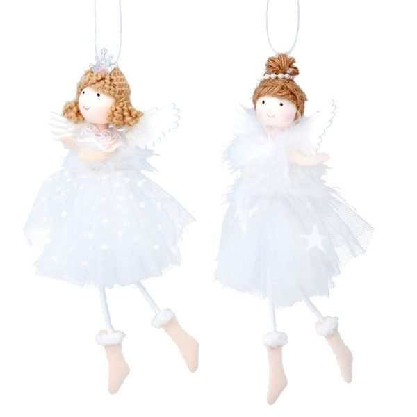 A hanging angel in white dress with white wings and little pink boots. A choice of designs, an angel with a crown and blond hair or a dark haired angel with a bun