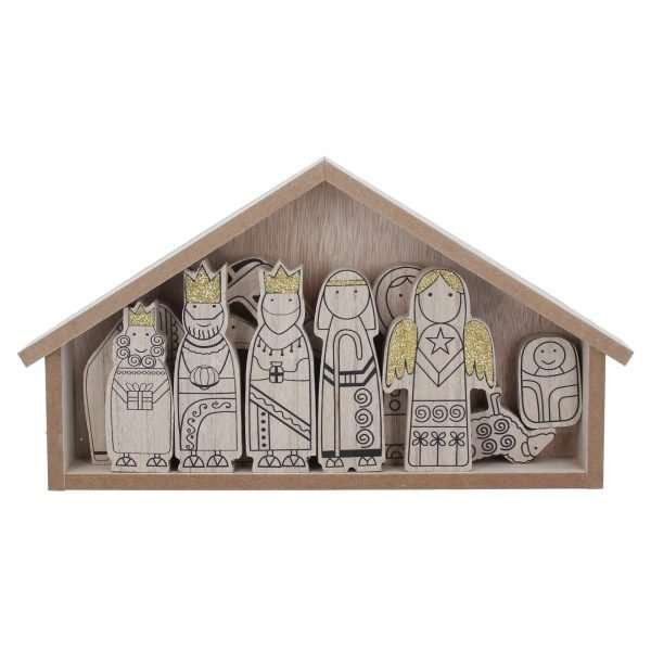 A wooden nativity with a stable and all the usual characters