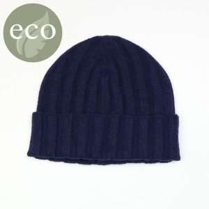 Recycled men’s midnight blue beanie hat with chunky ribbed knit and turn up. Made from recycled yarn