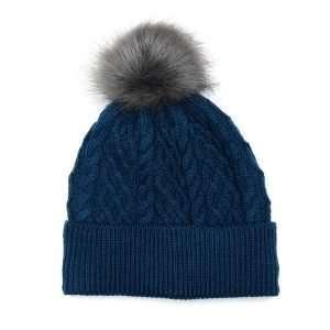 A teal green fleece lined, cable knit bobble hat in wool mix with a natural fuax fur pom pom