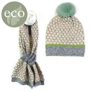 A popcorn knit bobble hat and pull through short scarf set. The hat and scarf have matching fluffy pom pom and trim in mint green