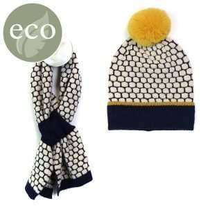 A popcorn knit bobble hat and pull through short scarf set. The hat and scarf have matching fluffy pom pom and trim in mustard
