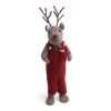 A large felt reindeer in red knitted dungarees
