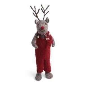 A large felt reindeer in red knitted dungarees