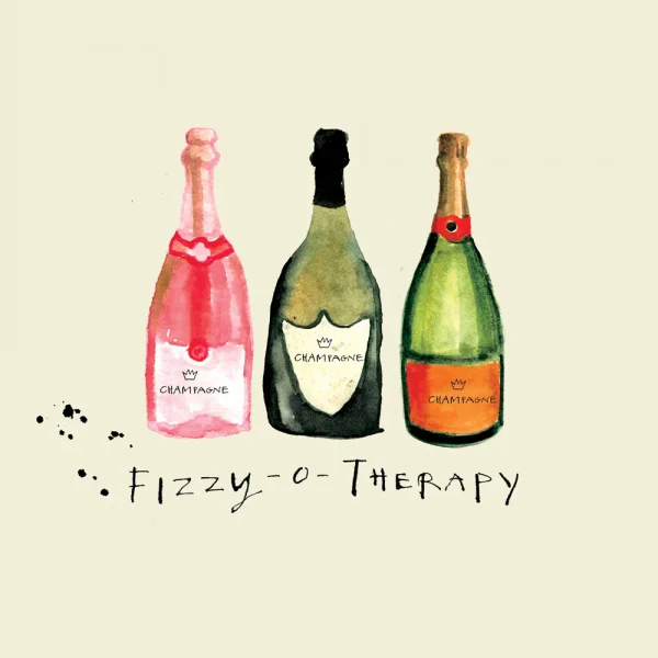 A card with three bottles of champagne and the caption fizzy o threapy