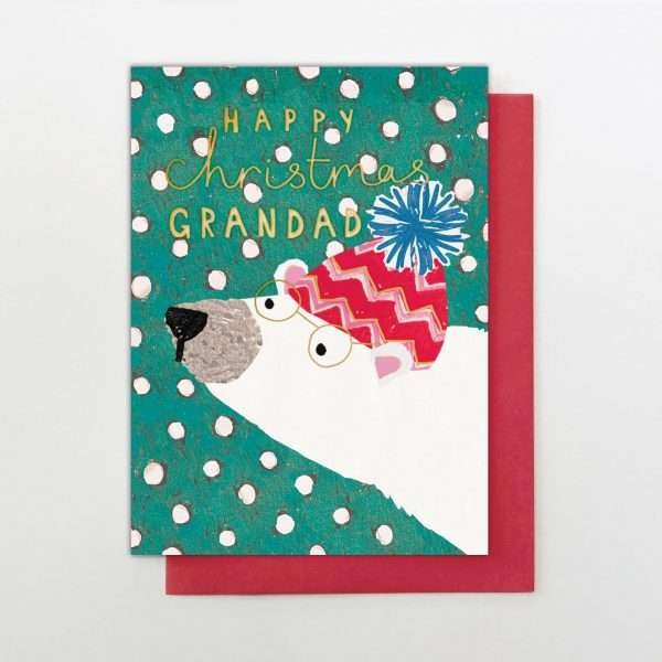 A cute colourful card with an image of a polar bear and the words Happy Christnas Grandad on it.
