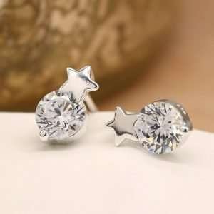 Sterling silver star shaped stud earrings with a round faceted clear CZ crystal beneath each star