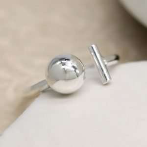 Sterling silver open band ring with a contemporary bar and ball design
