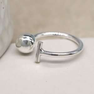Sterling silver open band ring with a contemporary bar and ball design