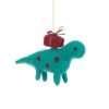 A cute blue felt dinosaur with red spots and a present on its back