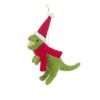 A felt hanging t-rex in green with a red scarf and red and white Christmas hat