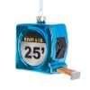 A glass bauble for the Christmas tree in the form of a blue tape measure