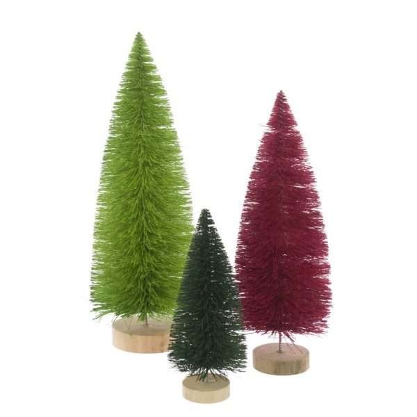 set of 3 bristle trees. A large pale green tree, a medium red and a small dark green