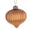 A matt rust glass bauble in a ribbed glass teardrop shape