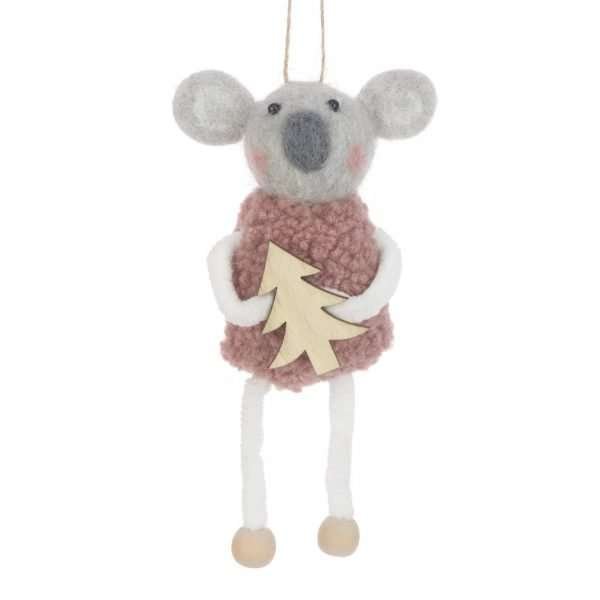 A hanging felt koala bear christmas decoration in a red jumper holding a little wooden tree.