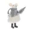 A little white festive lady mouse in a grey winter outfit carrying a silver bristle tree