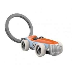 A cast metal keyring in the form of a vintage racing car in orange and pale blue