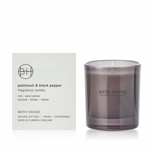 A gorgeous Patchouli and Black pepper candle in a smokey glass jar from Cumbrian based Bath House