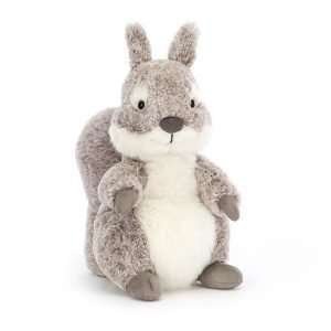 A cuddly speckled pebble grey squirrel from Jellycat With a fluffly white tum and bushy tail