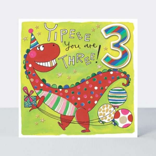 A cute red dinosaur on a neon bright age 3 birthday card with a 3D number 3 . Yipee you are 3