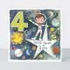 A 4th birthday card with a boy astronaut standing on a star. Four Wish upon a star