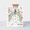 A cousin birthday card with a girl sitting on a rainbow