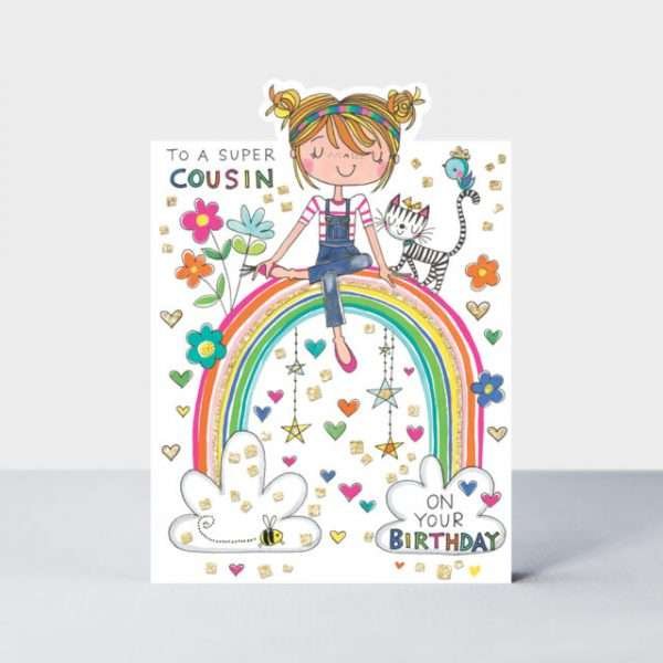 A cousin birthday card with a girl sitting on a rainbow