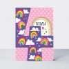 An age 4 birthday card with a purle 4 with rainbows on a pink background