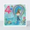 A neon bright age 4 birthday card with a little girl skipping in a garden of flowers. Four today