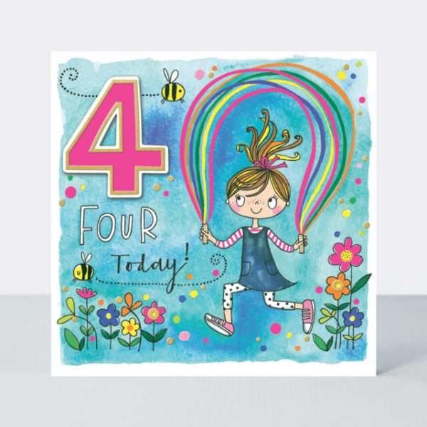 A neon bright age 4 birthday card with a little girl skipping in a garden of flowers. Four today
