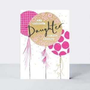 A wonderful daughter birthday card with neon pink, gold and black balloons