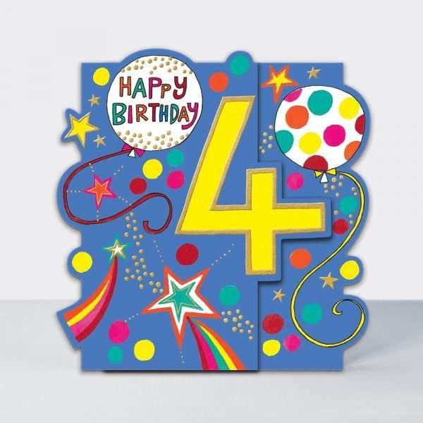 A4th birthday card with a big yellow 4 on a blue background with a balloons design