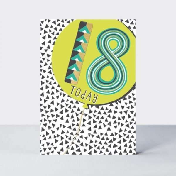 A black white and bright greens 18th birthday card with a geometric style