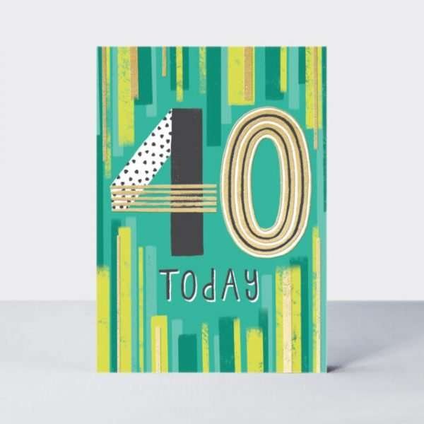 A contemporary age 40 male birthday card with a bright and zingy colour palette, features gold foil highlights. With a bold design and printed black and white envelope.