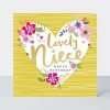 Lovely Niece birthday card with a big heart on a gold background