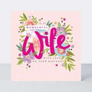 a wife birthday card. Pink background with Wife in big pink letters on a beautiful floral background