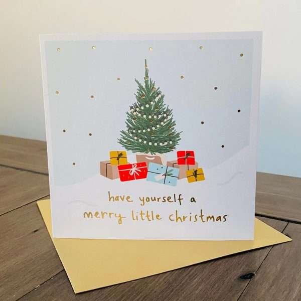 Have yourself a Merry Little Christmas Card with a tree and presents with gold foil details