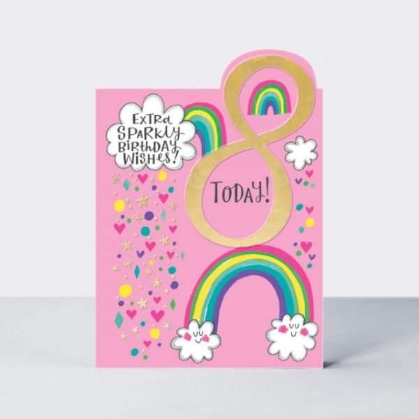 A pink 8th birthday card with a rainbow