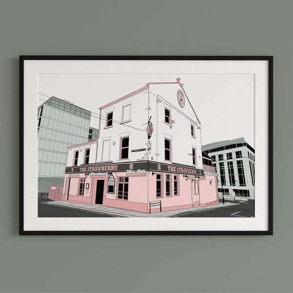 An A4 print of a drawing of The Strawberry pub in Newcastle